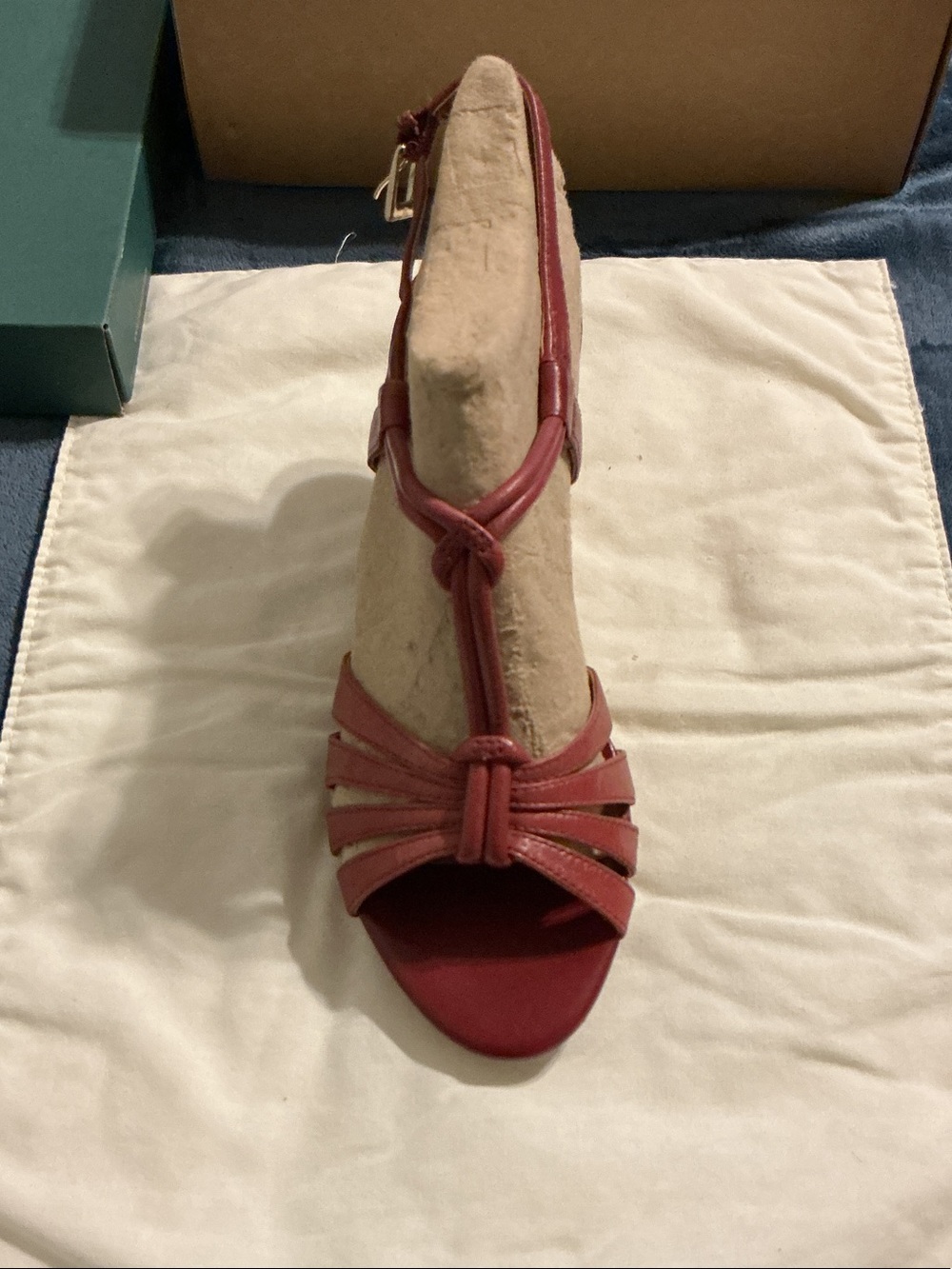 Clarks Red T-Strap Wedge Sandals with Knotted Front